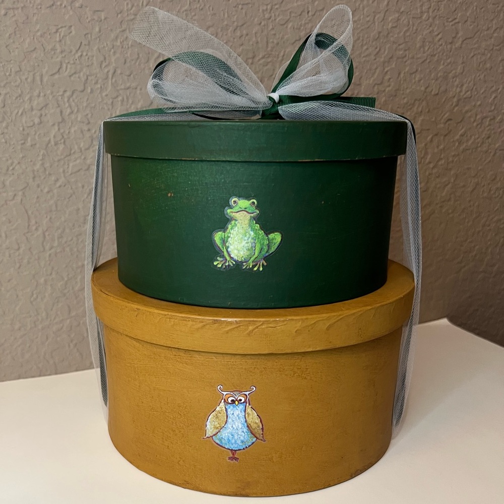 Home Decorative Owl and Frog Storage Boxes Set of 2 with Ribbon New